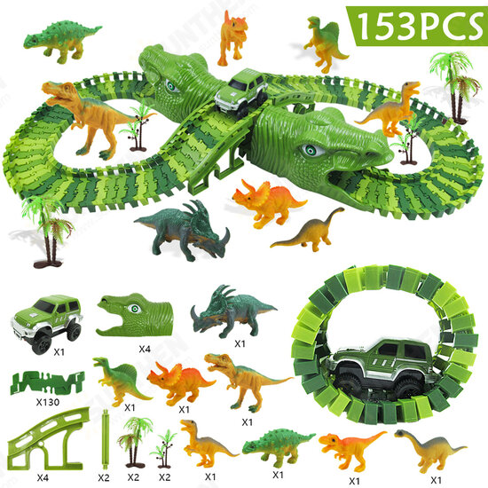 153Pcs Dinosaur Railway Car Track Racing Track Toys Set Bend Flexible Race Track Flash Light Car Educational Toys for Kids Gift