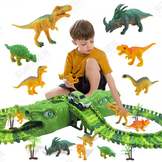 153Pcs Dinosaur Railway Car Track Racing Track Toys Set Bend Flexible Race Track Flash Light Car Educational Toys for Kids Gift