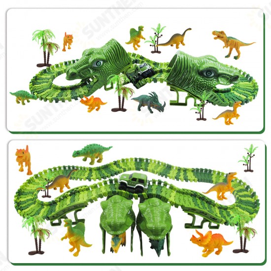 153Pcs Dinosaur Railway Car Track Racing Track Toys Set Bend Flexible Race Track Flash Light Car Educational Toys for Kids Gift