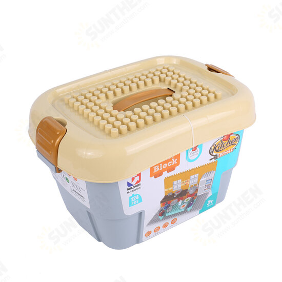 HJ-35008A 124PCS Kitchen Series Rectangular Tote Bucket DIY Assembly Blocks Toys for Children Gift