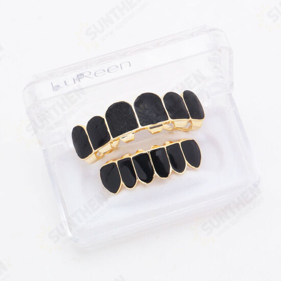 Punk Black Matte Braces Hiphop Grillz Gold Plated Dentures Set Teeth Jewelry