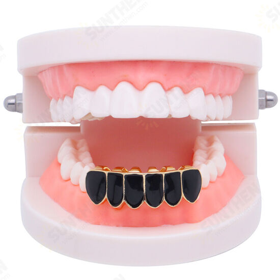 Punk Black Matte Braces Hiphop Grillz Gold Plated Dentures Set Teeth Jewelry