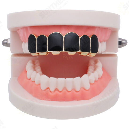 Punk Black Matte Braces Hiphop Grillz Gold Plated Dentures Set Teeth Jewelry