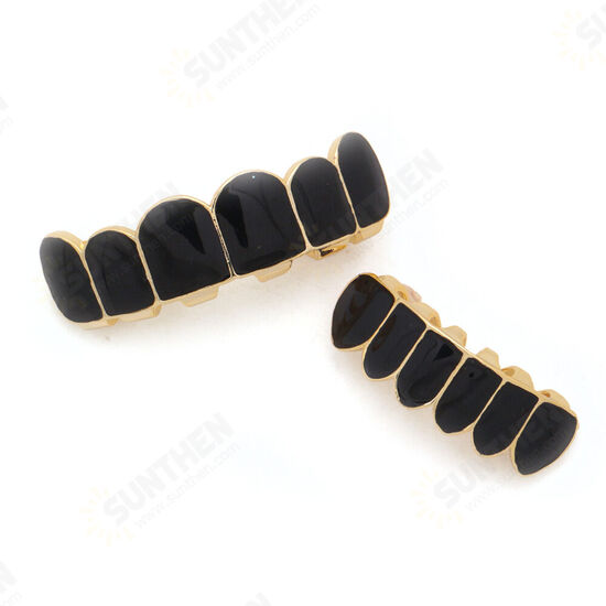 Punk Black Matte Braces Hiphop Grillz Gold Plated Dentures Set Teeth Jewelry