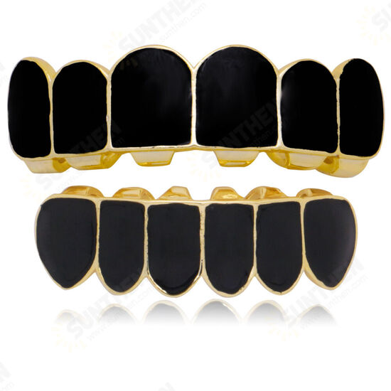 Punk Black Matte Braces Hiphop Grillz Gold Plated Dentures Set Teeth Jewelry