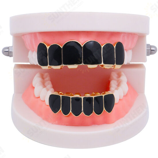 Punk Black Matte Braces Hiphop Grillz Gold Plated Dentures Set Teeth Jewelry