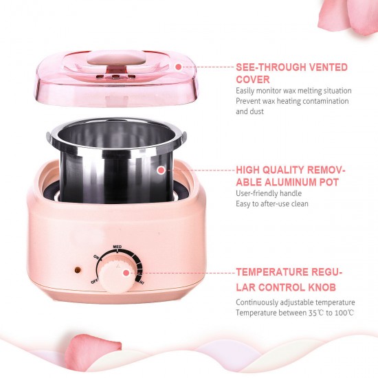 500cc 100W Wax Heater Machine for Face Body See-through Vented Cover Removable Aluminum Pot 360°Heating Coil