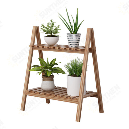 2 Layers Flower Racks Foldable Wood Plant Stand A-shape Indoor Landing Shelf for Home Balcony