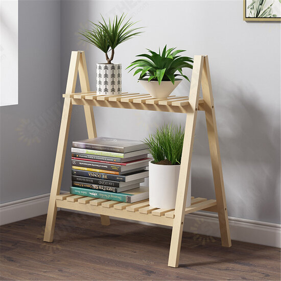 2 Layers Flower Racks Foldable Wood Plant Stand A-shape Indoor Landing Shelf for Home Balcony