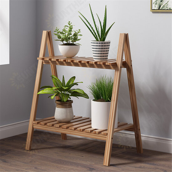 2 Layers Flower Racks Foldable Wood Plant Stand A-shape Indoor Landing Shelf for Home Balcony