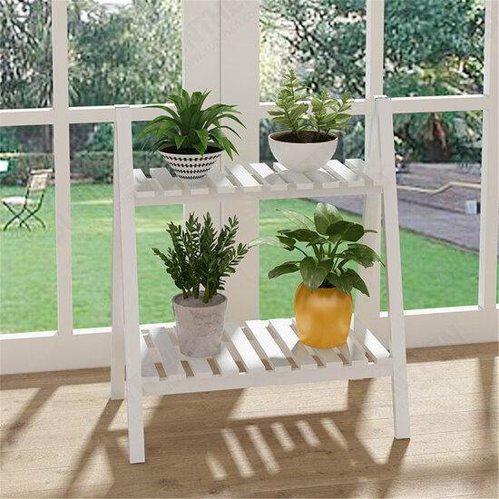 2 Layers Flower Racks Foldable Wood Plant Stand A-shape Indoor Landing Shelf for Home Balcony