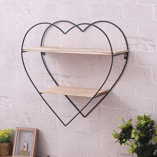Heart-shaped Wooden Wall Shelf 2 Layers Vintage Storage Wall Mounted Display Floating Rack for Kitchen Living Room Office