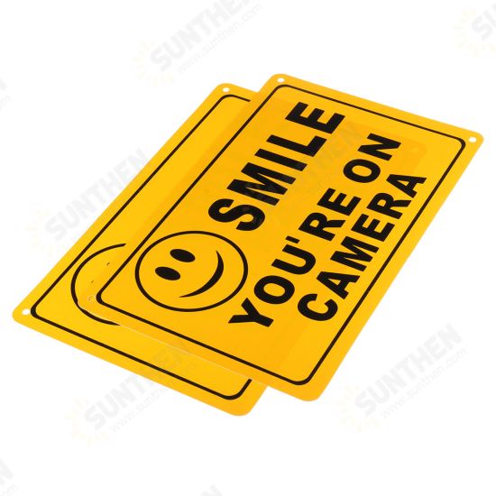 2Pcs SMILE YOU'RE ON CAMERA Warning Security Yellow Sign CCTV Video Surveillance Camera Sticker 28x18cm