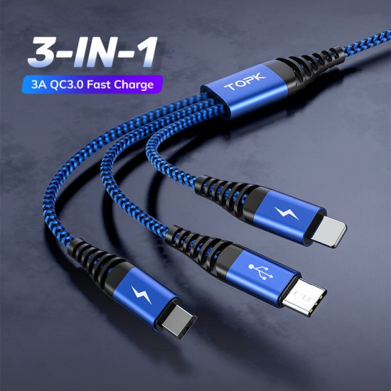 [2 Pack]AN24 3In1 Data Cable QC3.0 Fast Charging Data Line For iPhone 12 XS 11Pro for Samsung Huawei Mate40 P50 OnePlus 9 Pro