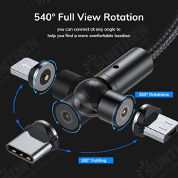 [2Pcs Black] AM68 3in1 Magnetic Cable 540° Rotation Elbow LED Indicator Fast Charging Data Transmission Cable 1m for iPhone Samsung iPad MacBook Huawei