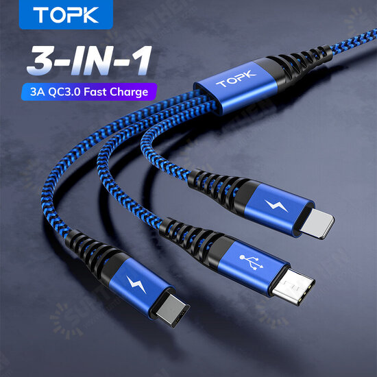 [3 Pack]AN24 3in1 Data Cable QC3.0 Fast Charging Data Line For iPhone 12 XS 11Pro for Samsung Huawei Mate40 P50 OnePlus 9 Pro