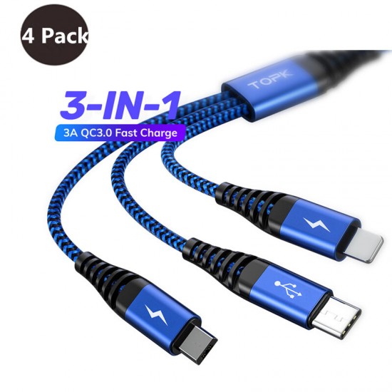 [4 Pack]AN24 3in1 Data Cable QC3.0 Fast Charging Data Line For iPhone 12 XS 11Pro for Samsung Huawei Mate40 P50 OnePlus 9 Pro