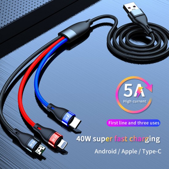 3in1 USB to USB-C/Micro USB/IP Port Cable Fast Charging Data Transmission Cable 1m For Samsung Galaxy Note20 iPad Pro MacBook Air Mi10 Huawei P40