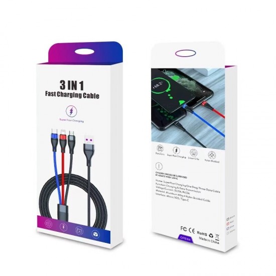 3in1 USB to USB-C/Micro USB/IP Port Cable Fast Charging Data Transmission Cable 1m For Samsung Galaxy Note20 iPad Pro MacBook Air Mi10 Huawei P40