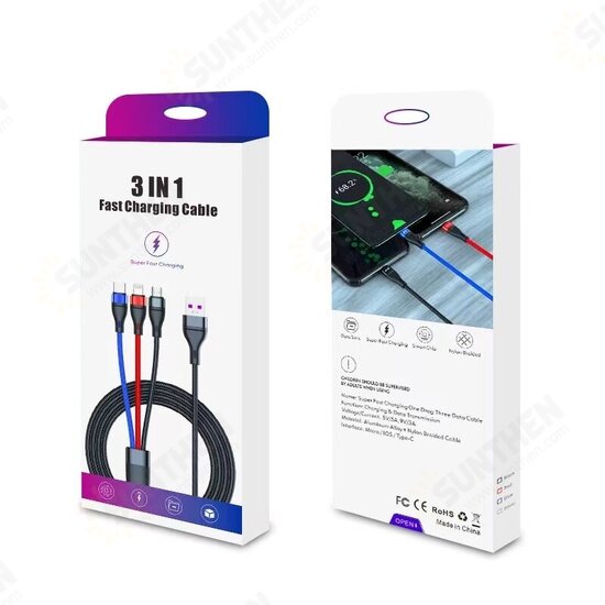 3in1 USB to USB-C/Micro USB/IP Port Cable Fast Charging Data Transmission Cable 1m For Samsung Galaxy Note20 iPad Pro MacBook Air Mi10 Huawei P40