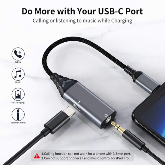 Type-C 2In1 Audio Adapter USB-C to 3.5mm Headphone Adapter 60W PD Fast Charging Converter for Samsung Galaxy Note S20 Huawei Mate40 OnePlus 8Pro