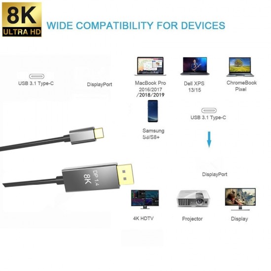 Type-C To Displayport Adapter Cable 8K@60HZ USB 3.1 HD Video Cable For Macbook