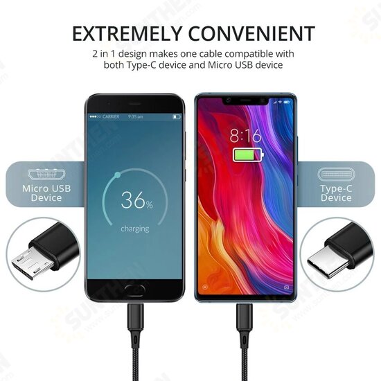 FKBZ-2 Nylon Braided 2in1 Micro USB/Type C Fast Charging Data Cable for Samsung Huawei Mate40 P50 OnePlus 9 Pro OPPO VIVO