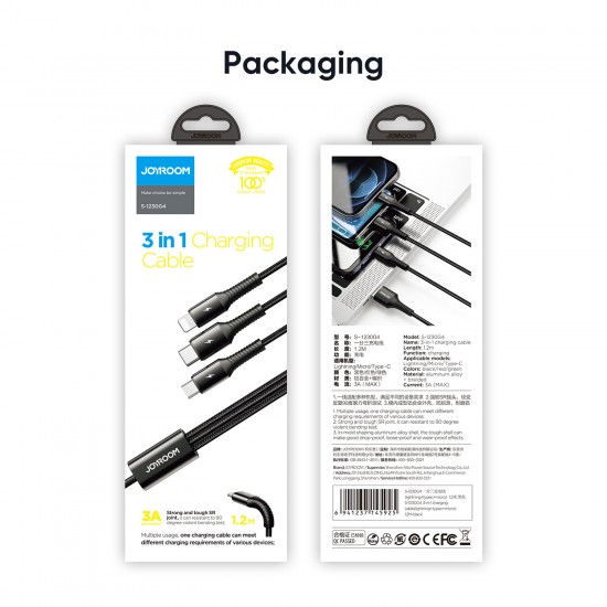 S-1230G4 3 in 1 1.2M Fast Charging Cable for iPhone 12 12Pro Max for Samsung Galaxy Note S20 ultra Xiaomi Mi10 POCO X3 HUAWEI P30 P40 Pro OnePlus 8Pro