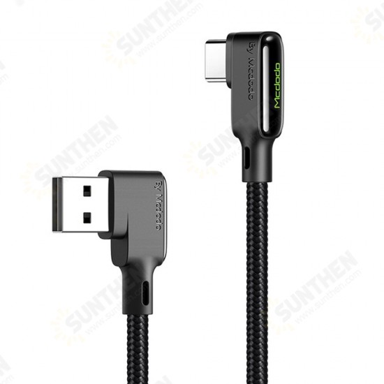 3A Data Cable Type C 90 Degree Elbow Green LED Light Fast Charging Line For Mi10 Note 9S Oneplus 8Pro Huawei P30 P40 Pro