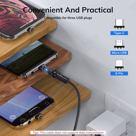 AM68 3 in 1 Data Cable Elbow LED Indicator Fast Charging USB Magnetic Rotation Line For iPhone XS 11Pro MI10 Note 9S