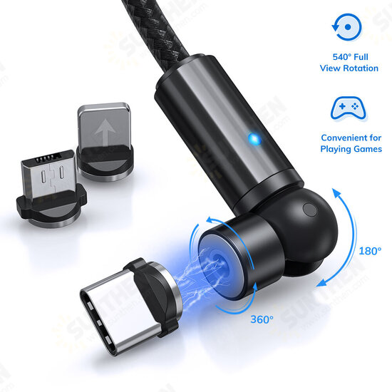 AM68 3 in 1 Data Cable Elbow LED Indicator Fast Charging USB Magnetic Rotation Line For iPhone XS 11Pro MI10 Note 9S