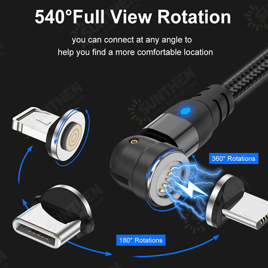 3in1 3A Magnetic USB to USB-C/Micro USB Data Cable 540° Rotation Fast Charging Data Transmission Cable 0.5/1/2m Samsung iPad MacBook Huawei OnePlus