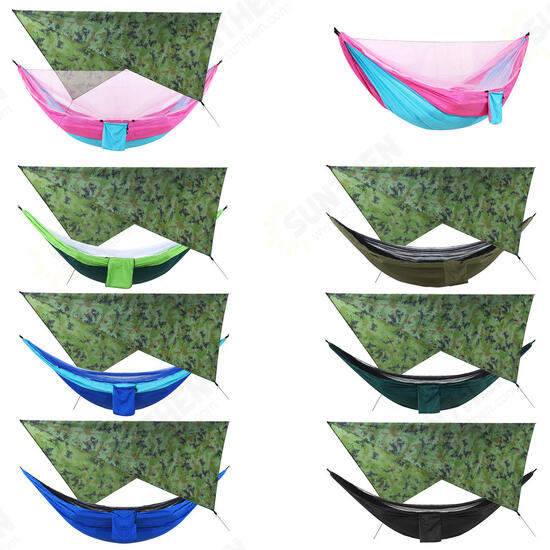 Camouflage Rain Fly Tarp and Camping Hammock with Mosquito Net Portable Hammock Canopy 210T Plaid Fabric PU Waterproof 2000 Sun Shade Tent Awning For 2 Person