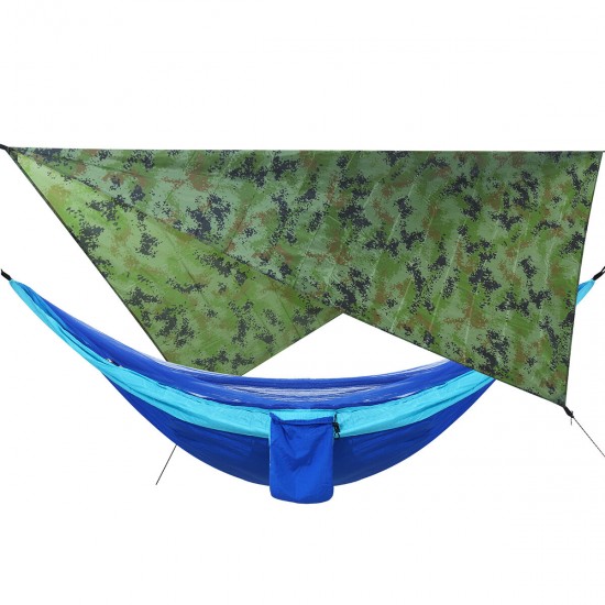 Camouflage Rain Fly Tarp and Camping Hammock with Mosquito Net Portable Hammock Canopy 210T Plaid Fabric PU Waterproof 2000 Sun Shade Tent Awning For 2 Person