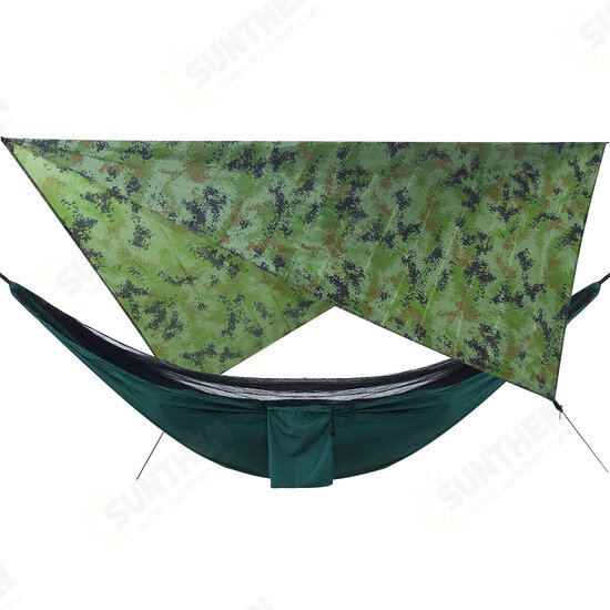 Camouflage Rain Fly Tarp and Camping Hammock with Mosquito Net Portable Hammock Canopy 210T Plaid Fabric PU Waterproof 2000 Sun Shade Tent Awning For 2 Person