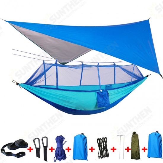 300KG Load 18pcs/set Lightweight Portable Camping Hammock and Tent Awning Set Rain Fly Tarp Mosquito Net Canopy 210T Nylon Hammocks, Waterproof