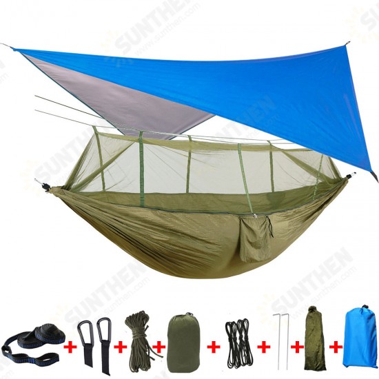 300KG Load 18pcs/set Lightweight Portable Camping Hammock and Tent Awning Set Rain Fly Tarp Mosquito Net Canopy 210T Nylon Hammocks, Waterproof