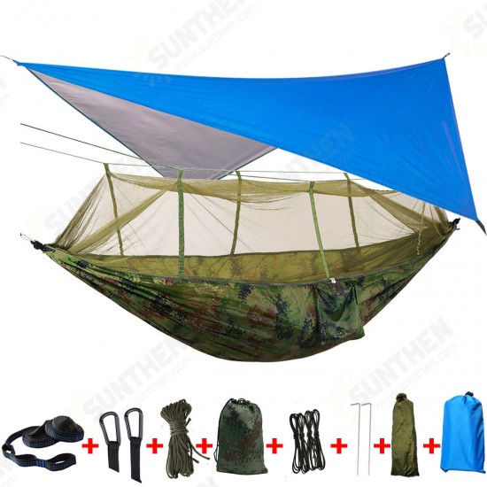 300KG Load 18pcs/set Lightweight Portable Camping Hammock and Tent Awning Set Rain Fly Tarp Mosquito Net Canopy 210T Nylon Hammocks, Waterproof