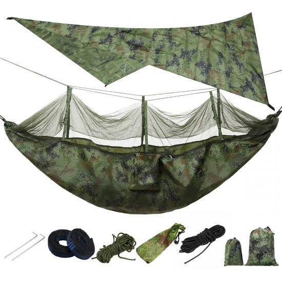 Lightweight Portable Camping Hammock and Tent Awning Rain Fly Tarp 2000 Waterproof Mosquito Net Hammock Canopy 210T Nylon Hammocks Tree Straps Sun Shelter Sky Screen