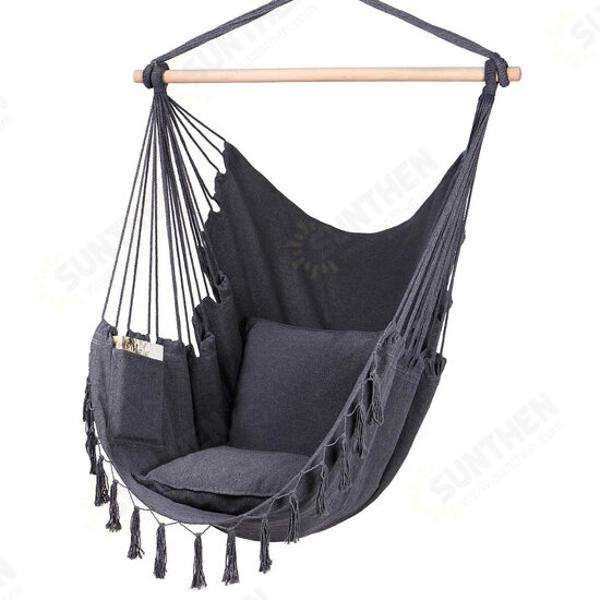 Max 330Lbs/150KG Hammock Chair Hanging Rope Swing with 2 Cushions Included Large Tassel Hanging Chair with Pocket