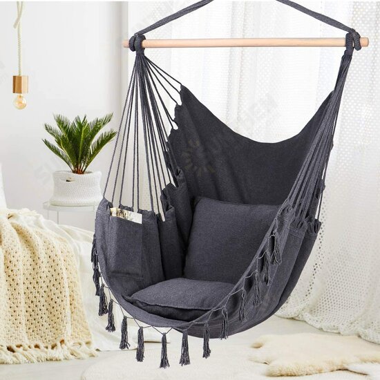 Max 330Lbs/150KG Hammock Chair Hanging Rope Swing with 2 Cushions Included Large Tassel Hanging Chair with Pocket Max 330Lbs/150KG Hammock Chair Hanging Rope Swing with 2 Cushions Included Large Tassel Hanging Chair with Pocket