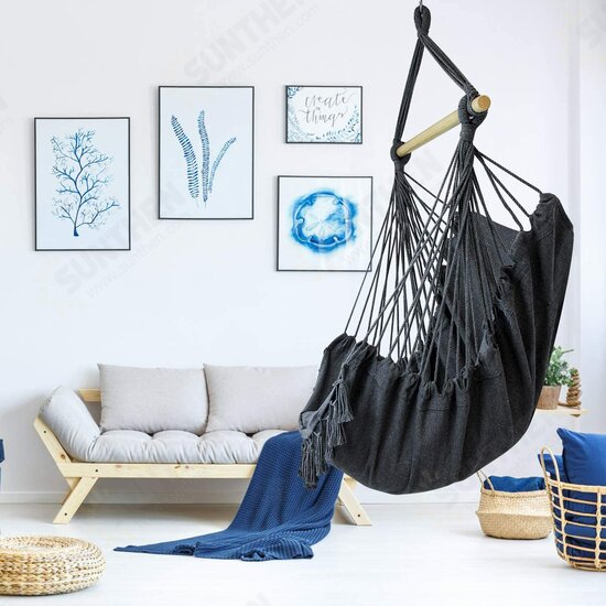 Max 330Lbs/150KG Hammock Chair Hanging Rope Swing with 2 Cushions Included Large Tassel Hanging Chair with Pocket Max 330Lbs/150KG Hammock Chair Hanging Rope Swing with 2 Cushions Included Large Tassel Hanging Chair with Pocket