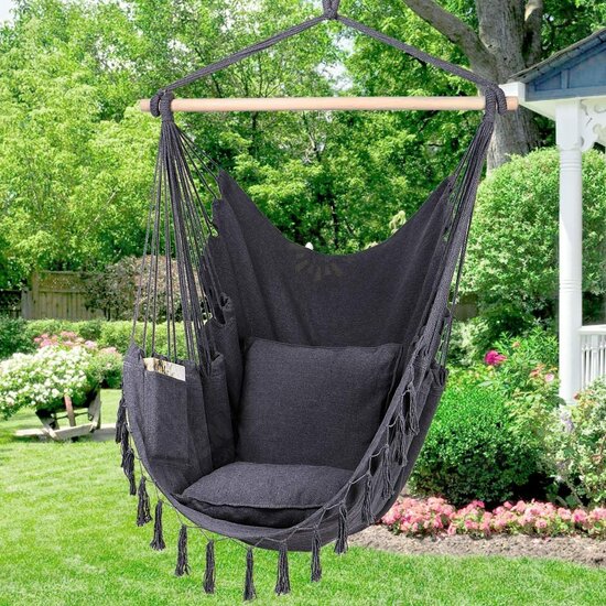 Max 330Lbs/150KG Hammock Chair Hanging Rope Swing with 2 Cushions Included Large Tassel Hanging Chair with Pocket