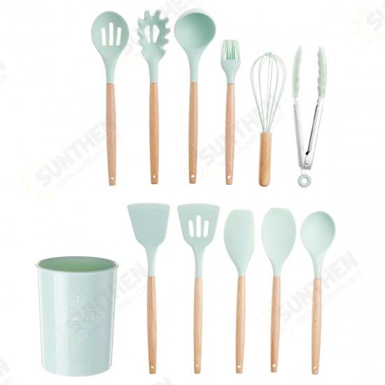 12 Pcs Tableware Set Silicone Wooden Handle Flatware Spoon Tongs Whisk Brush with Storage Box Outdoor Camping Cooking