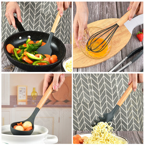 12 Pcs Tableware Set Silicone Wooden Handle Flatware Spoon Tongs Whisk Brush with Storage Box Outdoor Camping Cooking