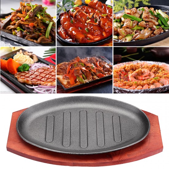 3 Sizes Cast Iron Steak Fajita Sizzling Platter Plate BBQ Grill Pan Cooking Wooden Holder