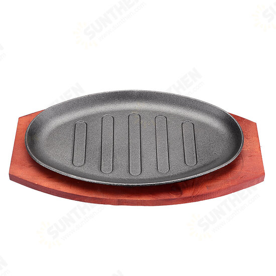 3 Sizes Cast Iron Steak Fajita Sizzling Platter Plate BBQ Grill Pan Cooking Wooden Holder 3 Sizes Cast Iron Steak Fajita Sizzling Platter Plate BBQ Grill Pan Cooking Wooden Holder