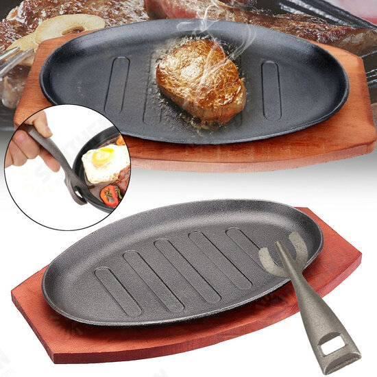 3 Sizes Cast Iron Steak Fajita Sizzling Platter Plate BBQ Grill Pan Cooking Wooden Holder 3 Sizes Cast Iron Steak Fajita Sizzling Platter Plate BBQ Grill Pan Cooking Wooden Holder