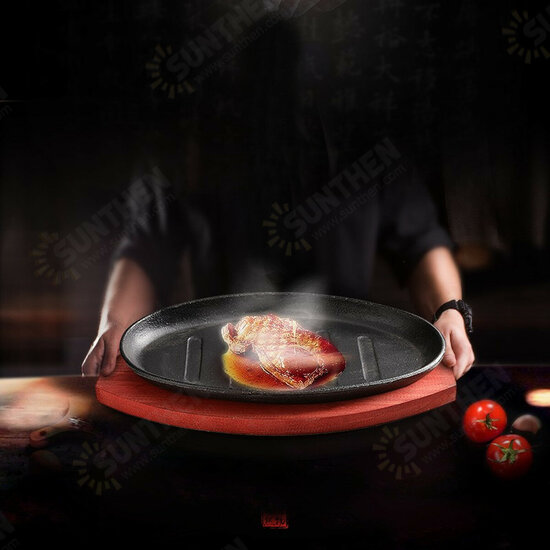3 Sizes Cast Iron Steak Fajita Sizzling Platter Plate BBQ Grill Pan Cooking Wooden Holder 3 Sizes Cast Iron Steak Fajita Sizzling Platter Plate BBQ Grill Pan Cooking Wooden Holder