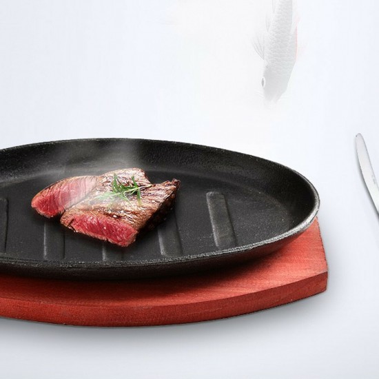 3 Sizes Cast Iron Steak Fajita Sizzling Platter Plate BBQ Grill Pan Cooking Wooden Holder